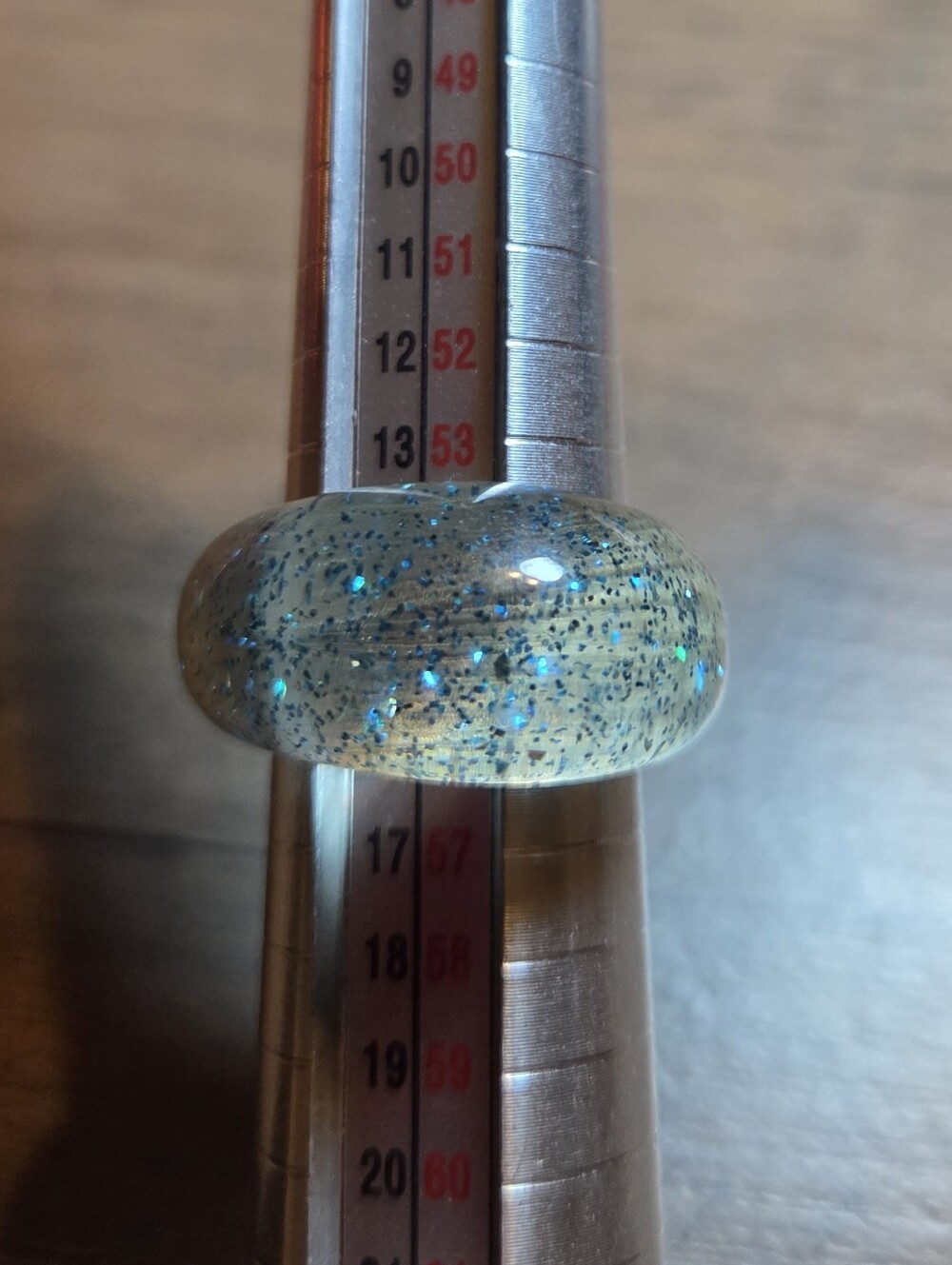 Chunky Clear Glass Ring with Blue Glitter Size 7
